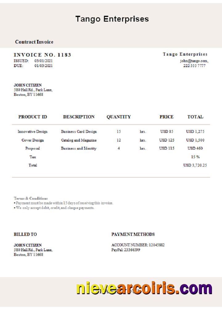 USA Tango Enterprises invoice